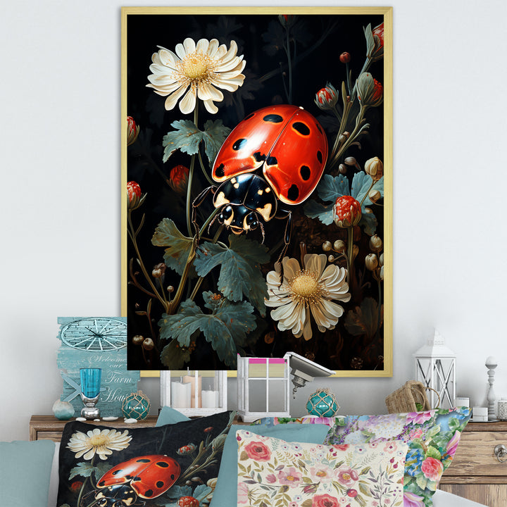Ladybug Floral Nocturne - Ladybug Canvas Wall Art