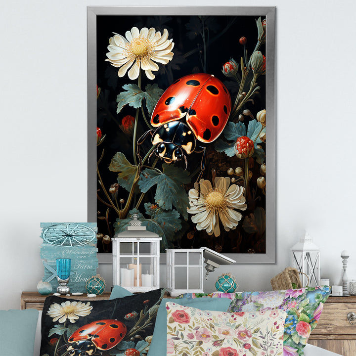 Ladybug Floral Nocturne - Ladybug Canvas Wall Art