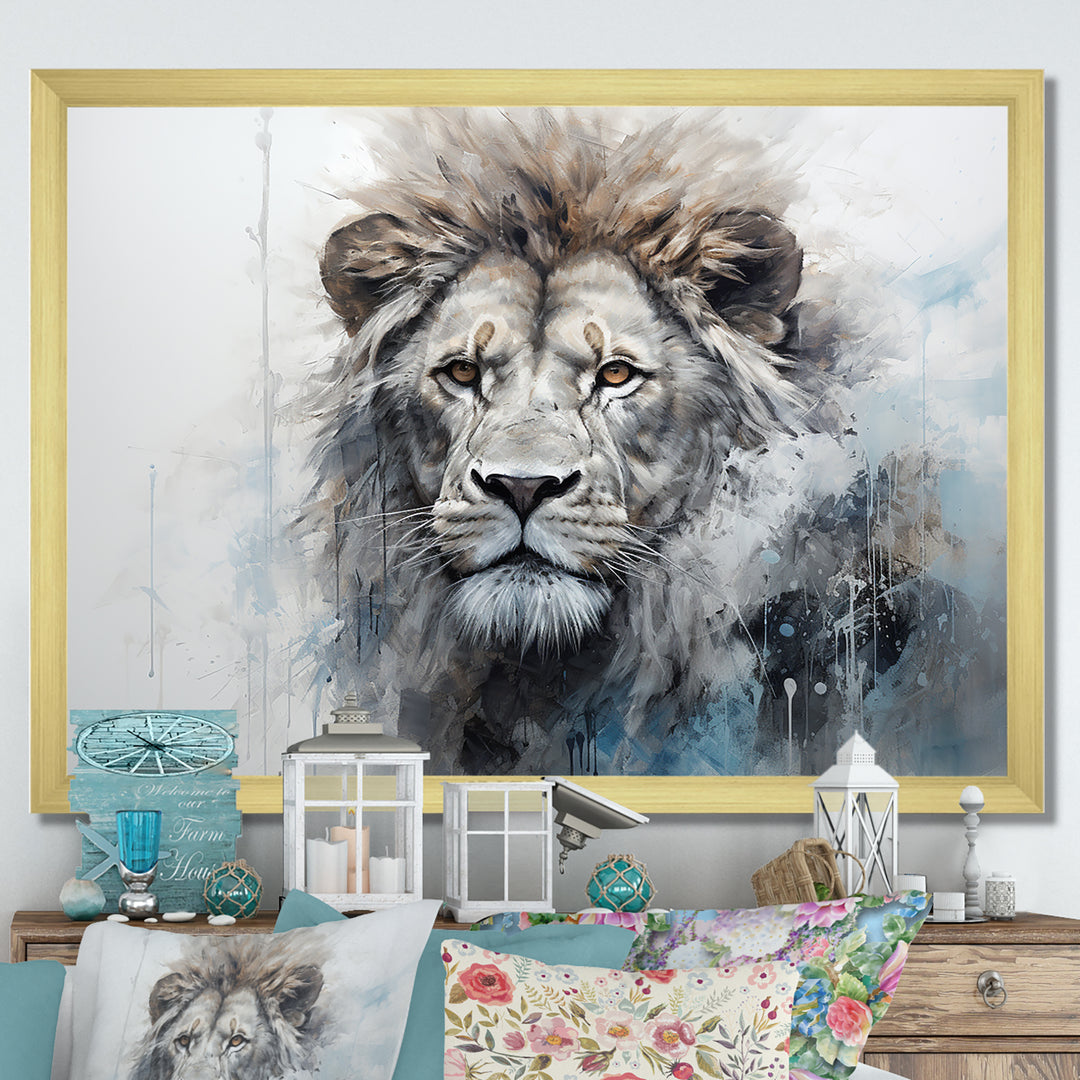 Grey And Blue Savannah Royalty Lion - Lion Large Canvas Wall Art