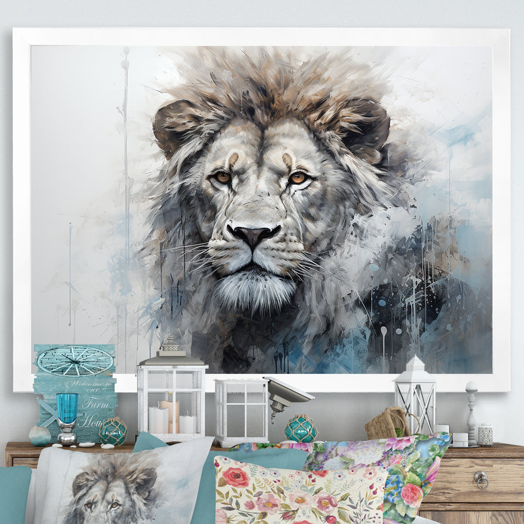 Grey And Blue Savannah Royalty Lion - Lion Large Canvas Wall Art