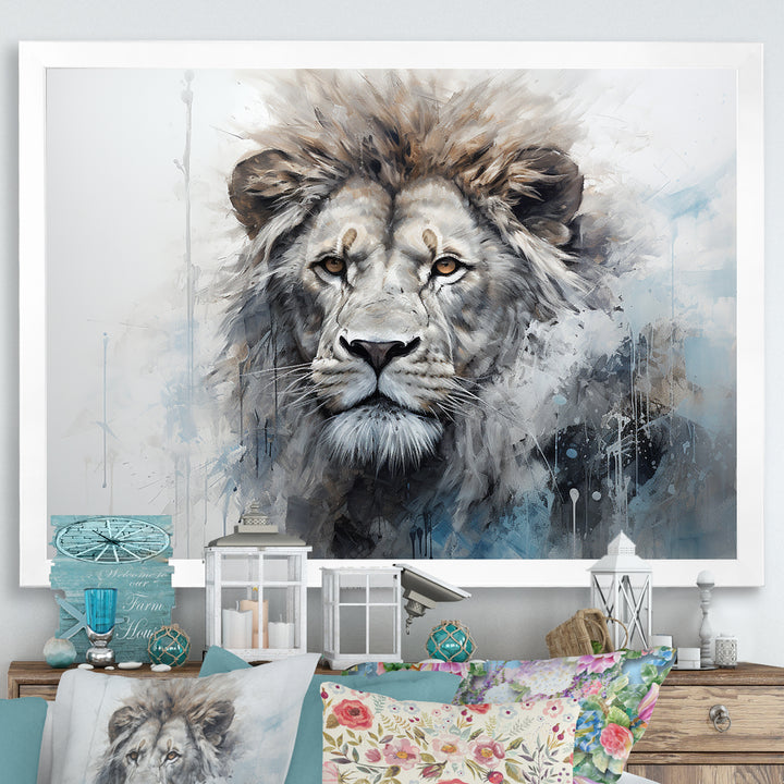 Grey And Blue Savannah Royalty Lion - Lion Large Canvas Wall Art