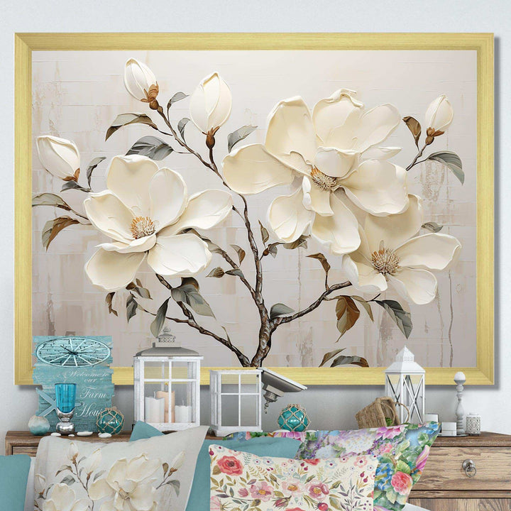 Beige And Green Magnolias Flower Blossum - Floral Canvas Wall Art