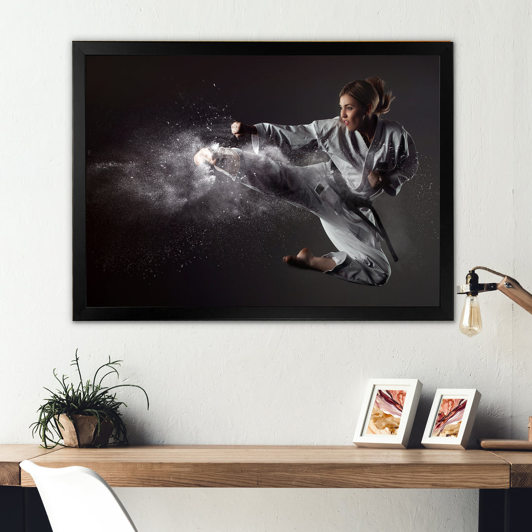 Karate Girl Mid Air Kick - Martial Arts Canvas Wall Art