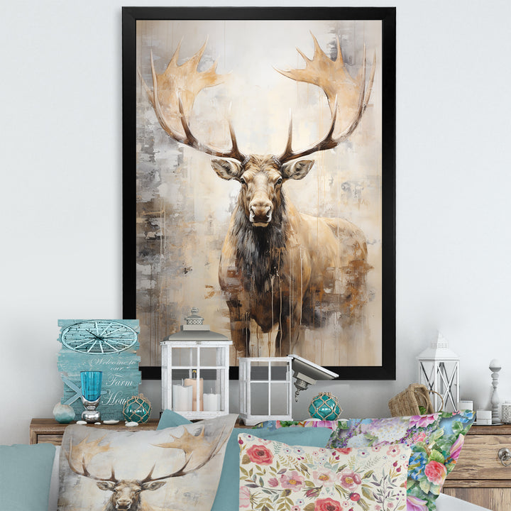 Majestic Beige Moose Portrait - Moose Framed Canvas Art
