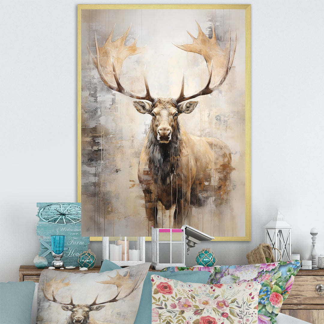 Majestic Beige Moose Portrait - Moose Framed Canvas Art