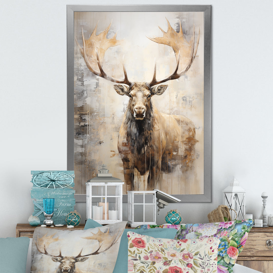 Majestic Beige Moose Portrait - Moose Framed Canvas Art
