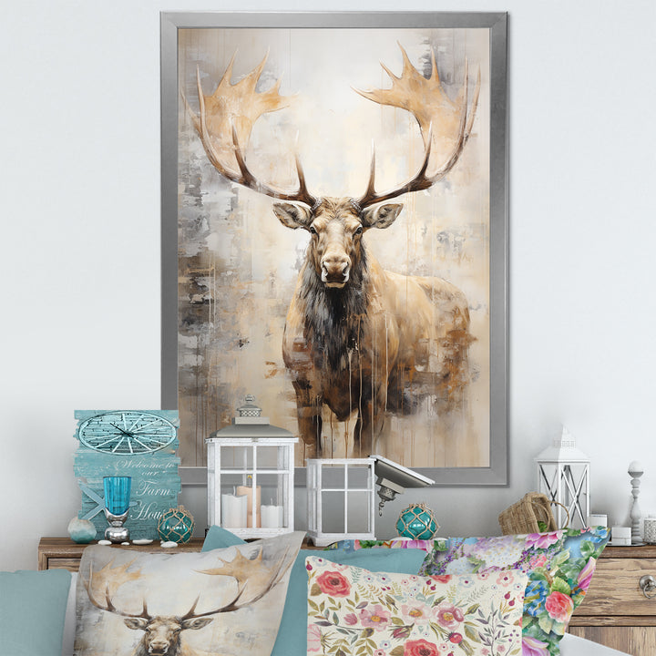Majestic Beige Moose Portrait - Moose Framed Canvas Art