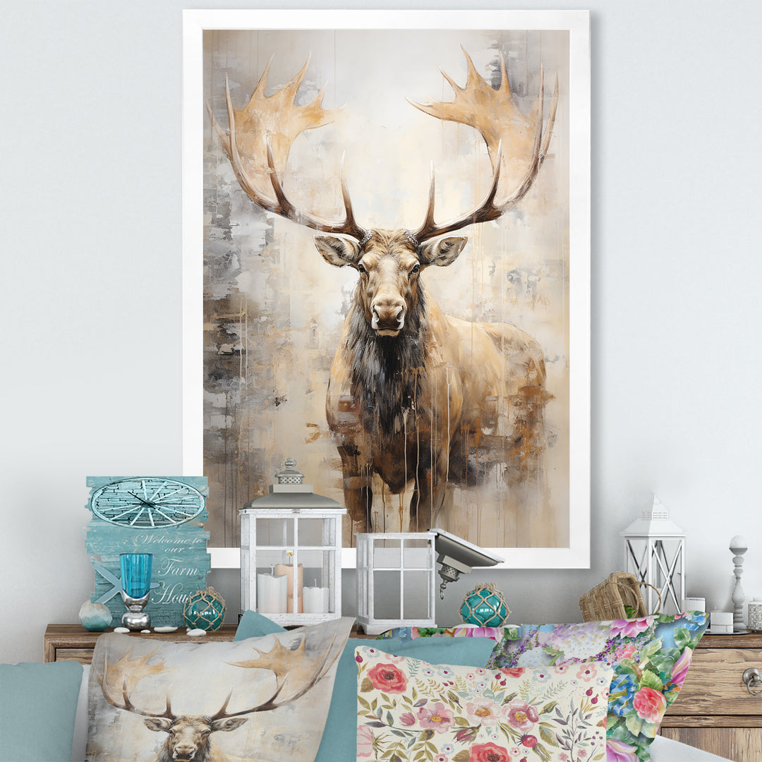 Majestic Beige Moose Portrait - Moose Framed Canvas Art