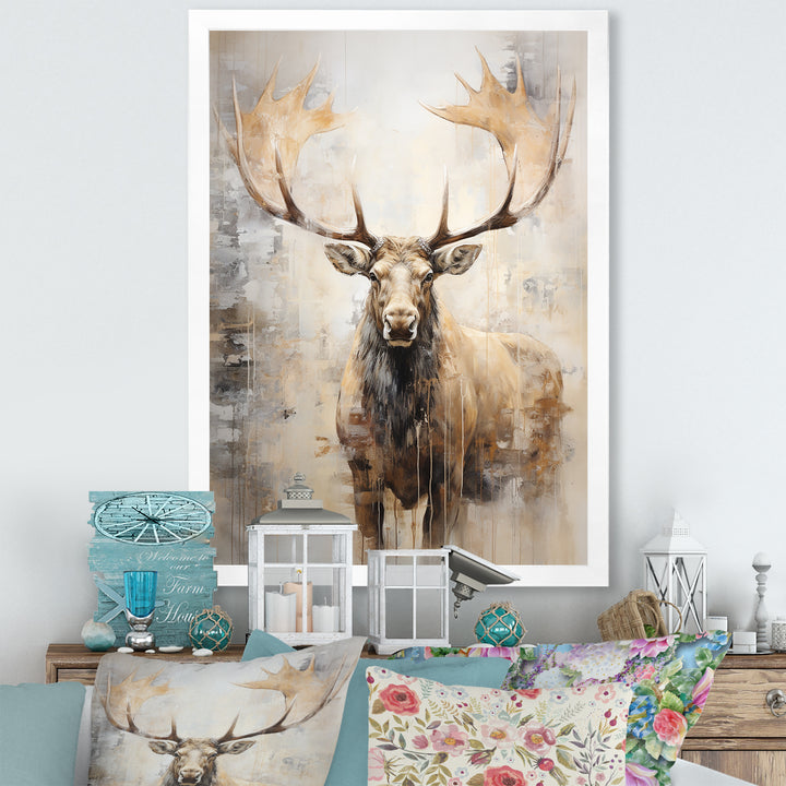 Majestic Beige Moose Portrait - Moose Framed Canvas Art