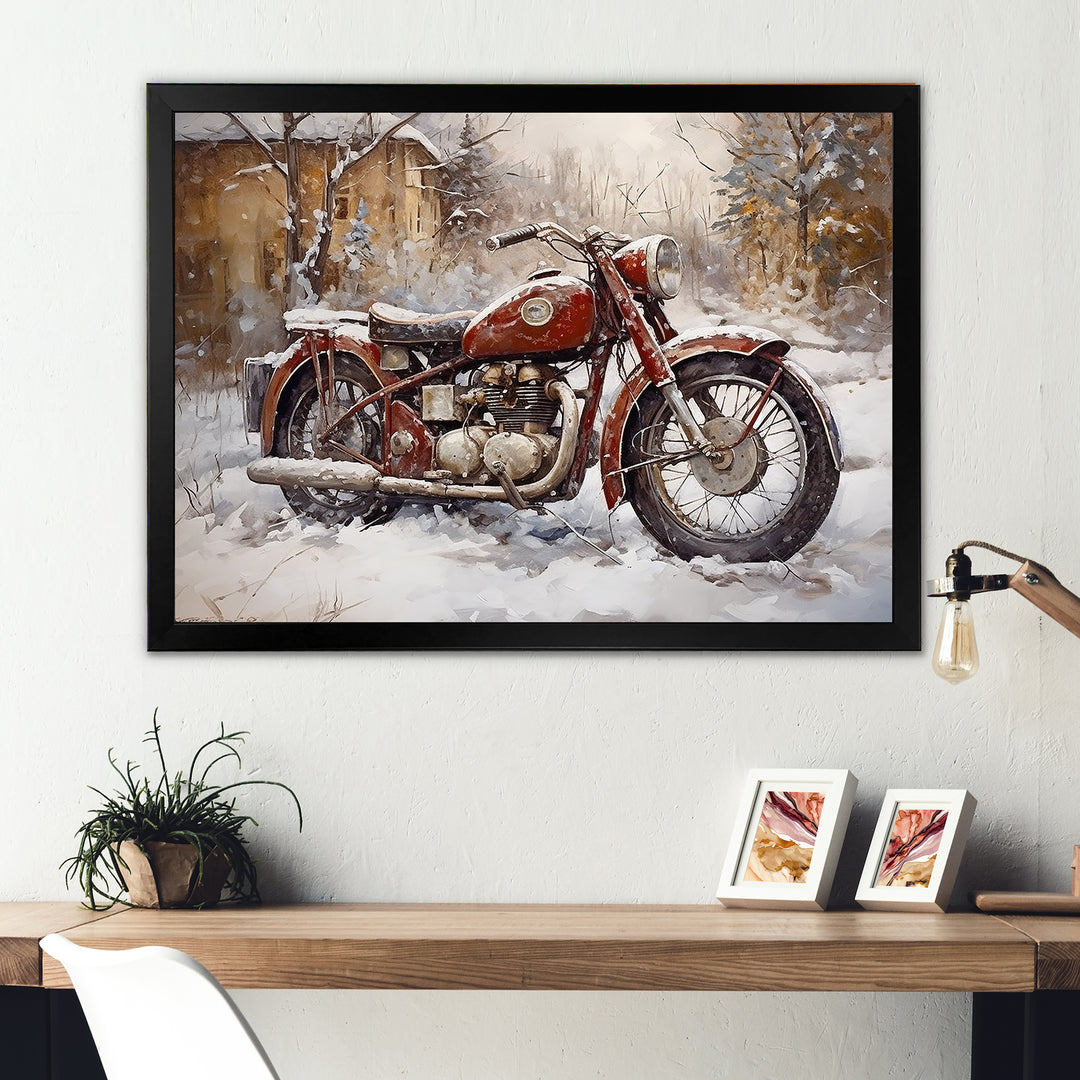 Red Rustic Bike In Winter - Motorcycle Canvas Wall Art