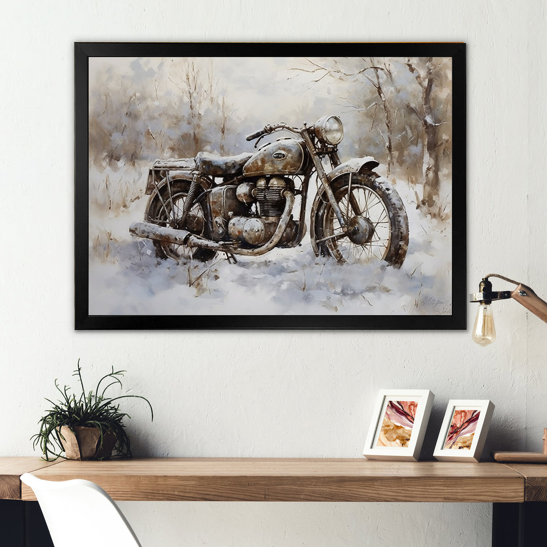 Old Rustic Bike In Winter - Motorcycle Canvas Wall Art