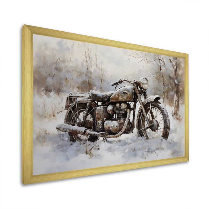 Old Rustic Bike In Winter - Motorcycle Canvas Wall Art