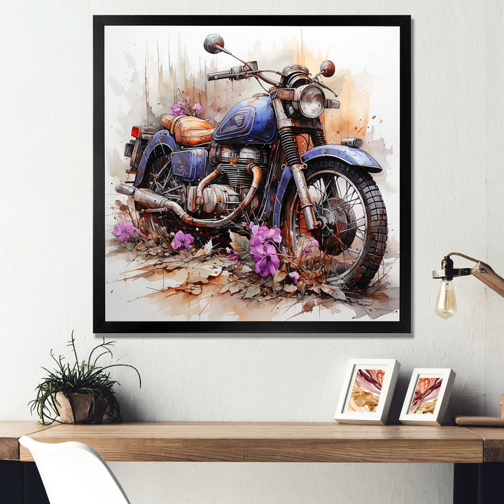 Watercolor Motorcycle Flower Path - Motorcycle Canvas Wall Art
