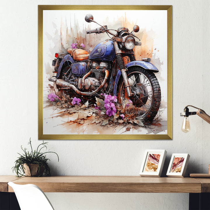 Watercolor Motorcycle Flower Path - Motorcycle Canvas Wall Art