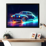 Neon Light Strips Around Indigo Vintage Car - Car Vintage Canvas Wall Art