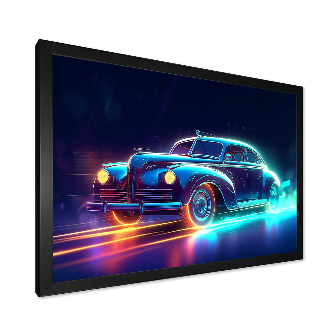 Neon Light Strips Around Indigo Vintage Car - Car Vintage Canvas Wall Art