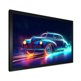 Neon Light Strips Around Indigo Vintage Car - Car Vintage Canvas Wall Art