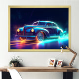 Neon Light Strips Around Indigo Vintage Car - Car Vintage Canvas Wall Art