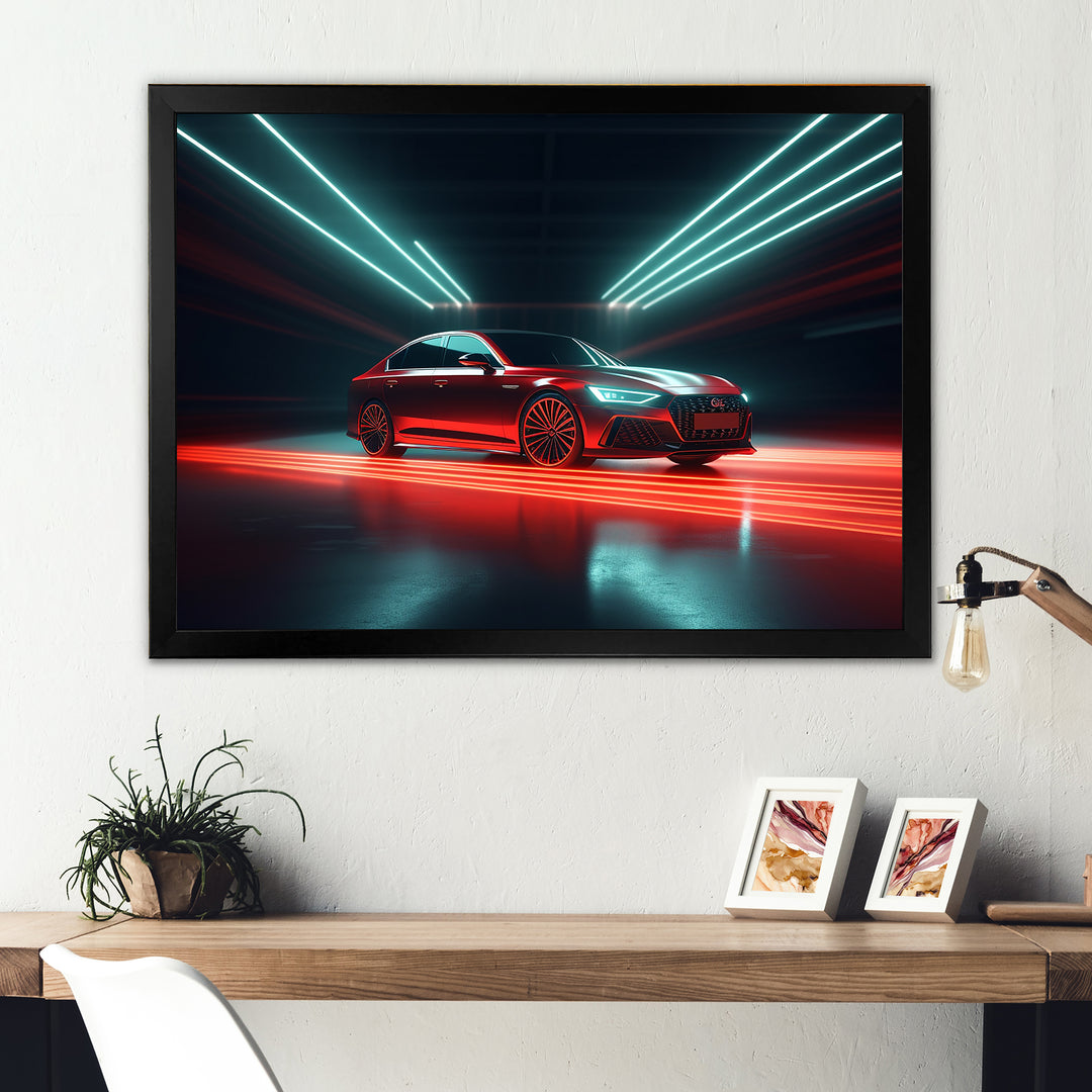 Neon Light Strips Around Red Sedan - Car/Van Canvas Wall Art