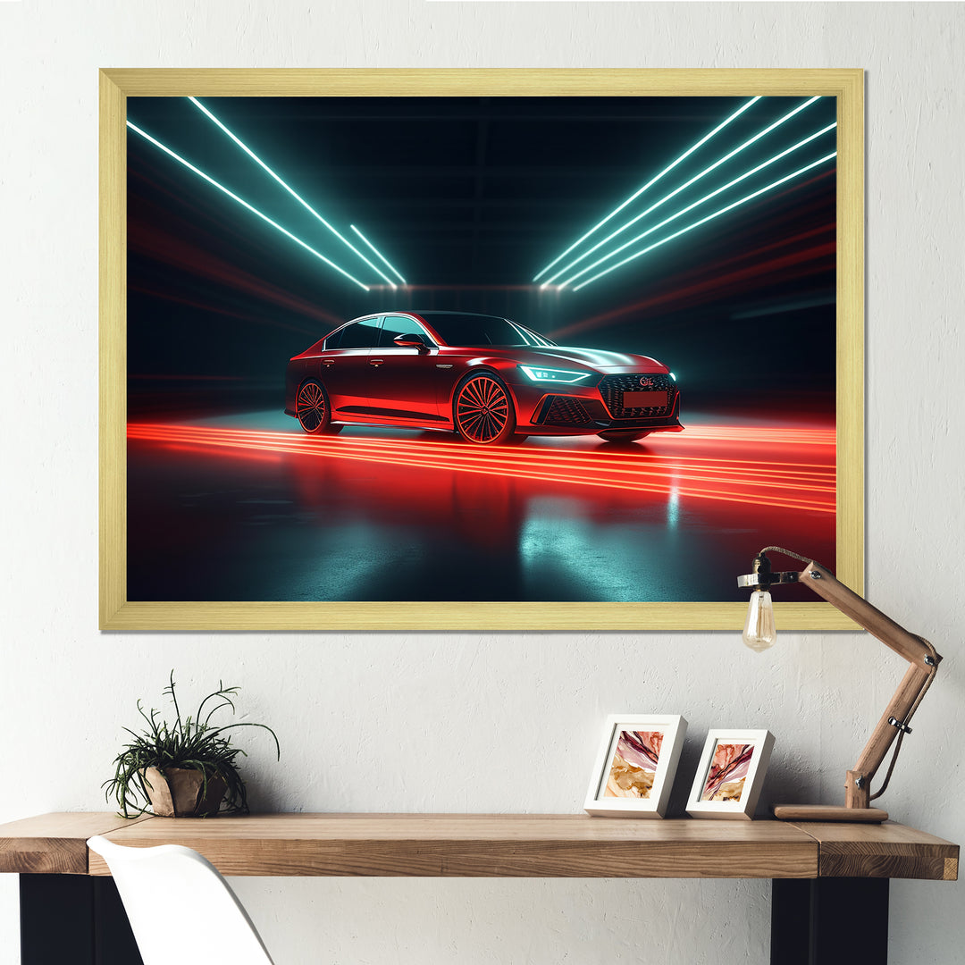 Neon Light Strips Around Red Sedan - Car/Van Canvas Wall Art