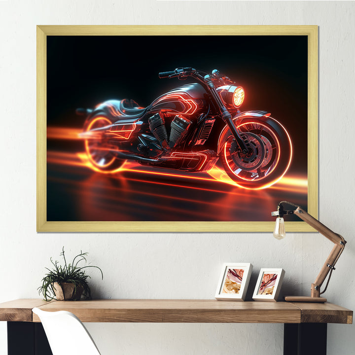 Neon Light Strips Around Silver Motorcycle - Canvas Wall Art
