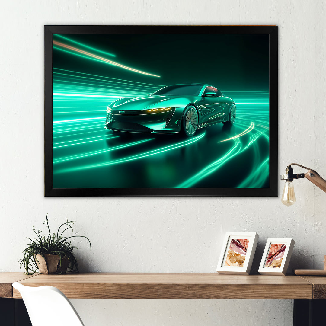 Neon Light Strips Teal Hybrid Car - Car Exotic Canvas Wall Art