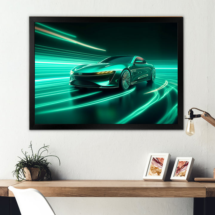 Neon Light Strips Teal Hybrid Car - Car Exotic Canvas Wall Art