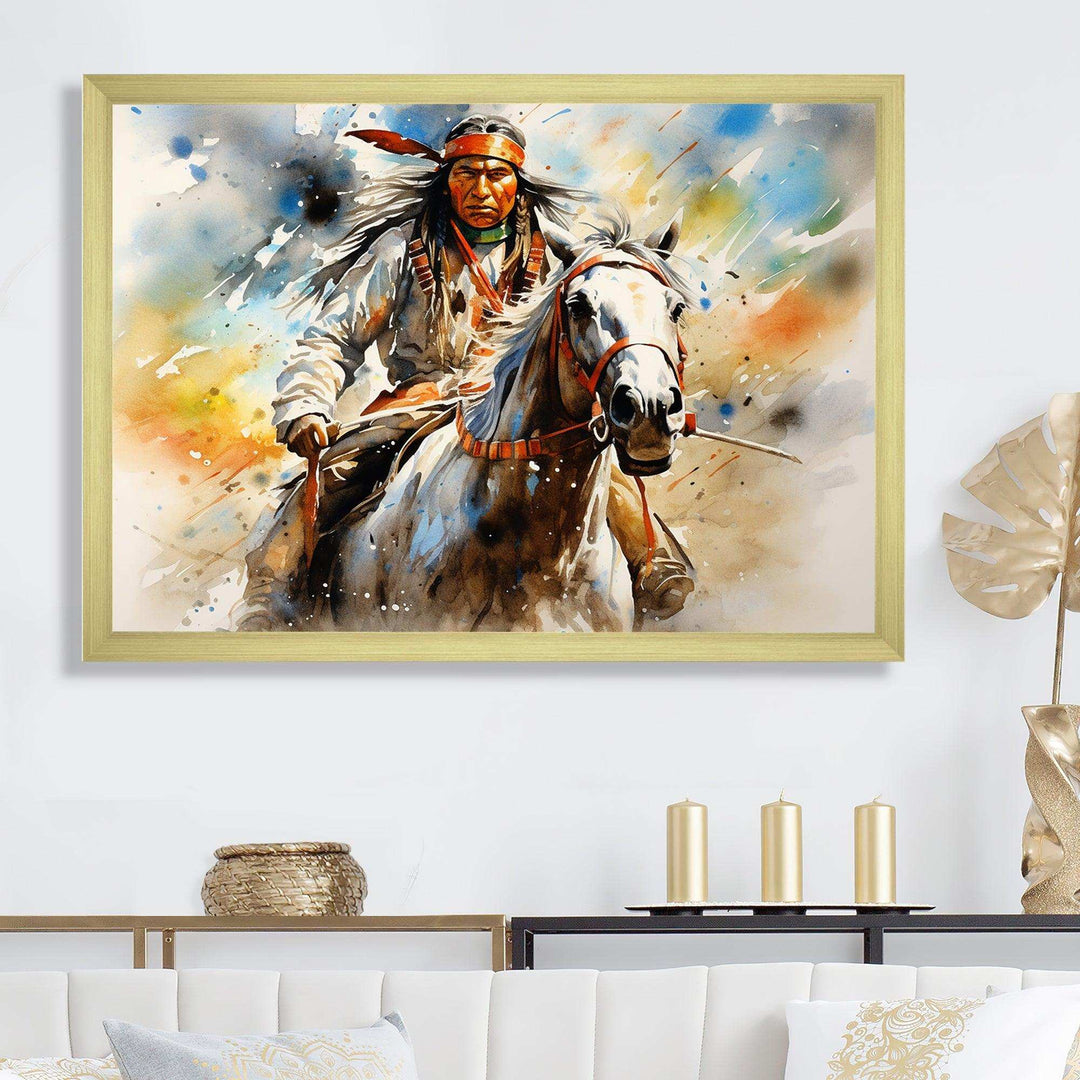 Colorful Native Indian Warrior - People Canvas Wall Art