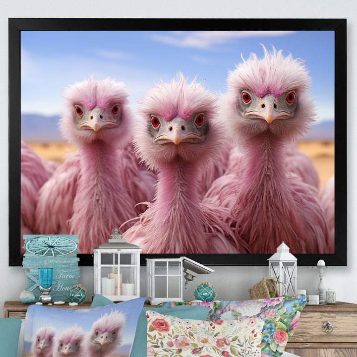 Pink Ostriches Mirage Portrait - Ostriches Wall Art Prints