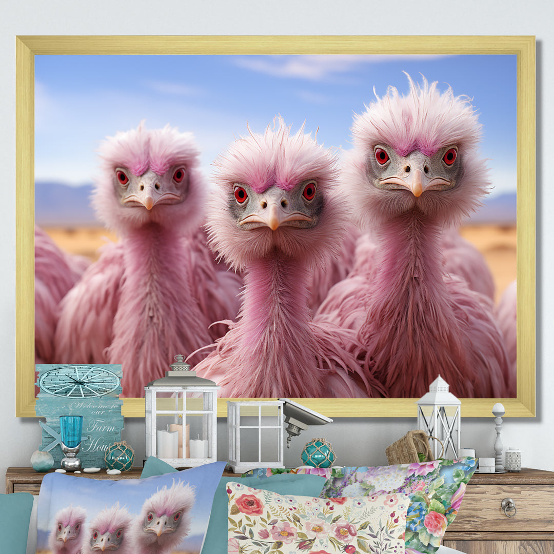 Pink Ostriches Mirage Portrait - Ostriches Wall Art Prints