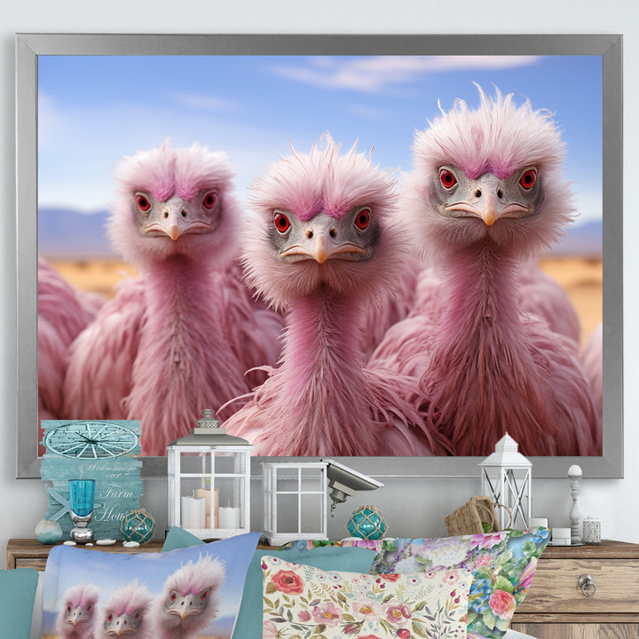 Pink Ostriches Mirage Portrait - Ostriches Wall Art Prints