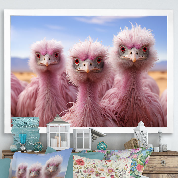 Pink Ostriches Mirage Portrait - Ostriches Wall Art Prints