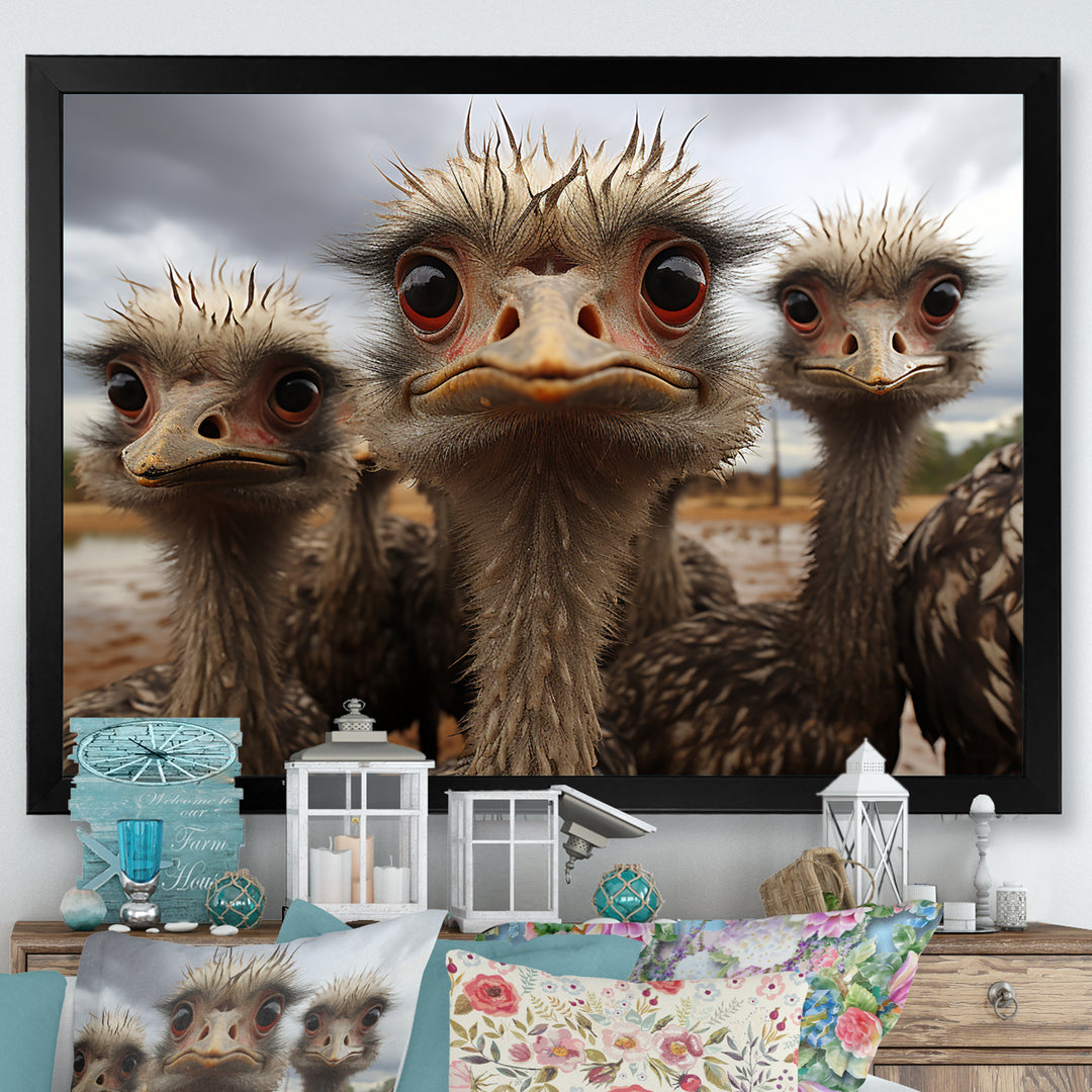 Monochrome Grey Ostriches Portrait - Beige Ostriches Wall Art