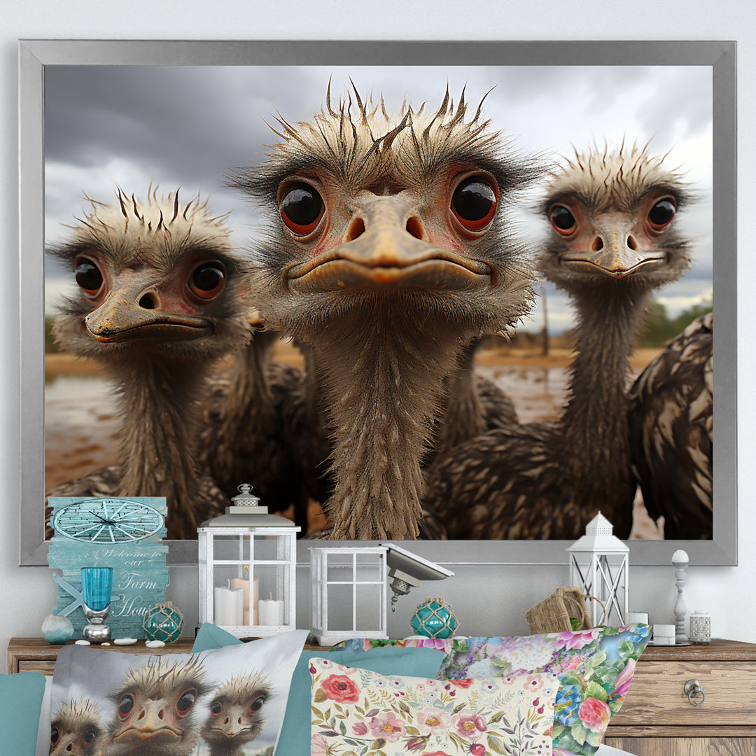 Monochrome Grey Ostriches Portrait - Beige Ostriches Wall Art