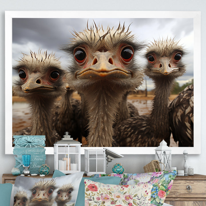 Monochrome Grey Ostriches Portrait - Beige Ostriches Wall Art