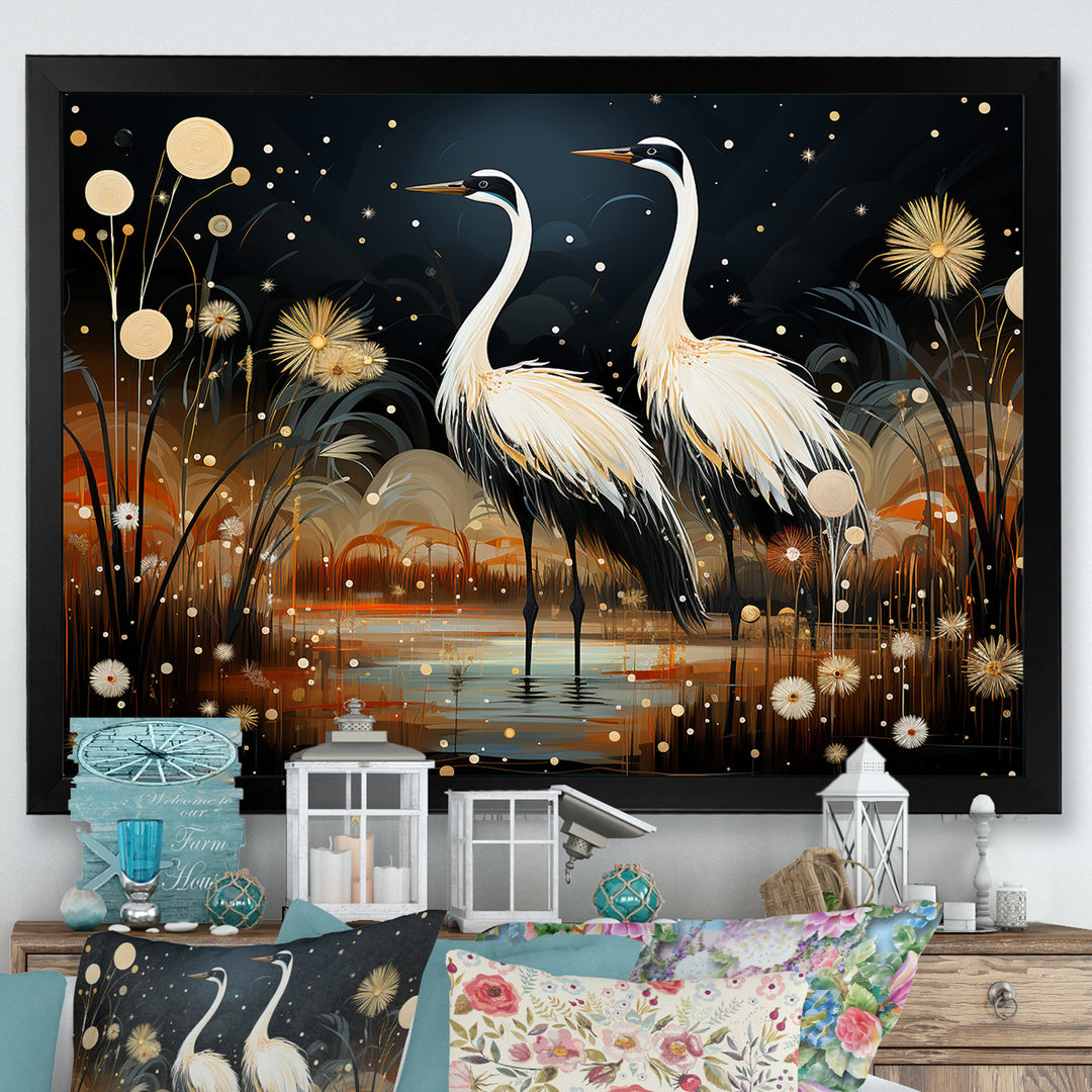 Mystic Ostriches Silhouettes By The Pond - Ostriches Framed Canvas Art