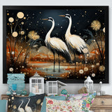 Mystic Ostriches Silhouettes By The Pond - Ostriches Framed Canvas Art