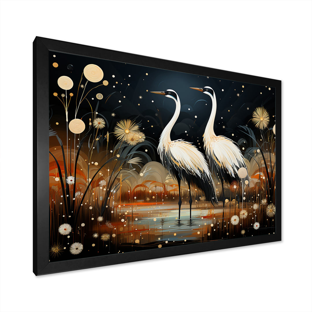 Mystic Ostriches Silhouettes By The Pond - Ostriches Framed Canvas Art