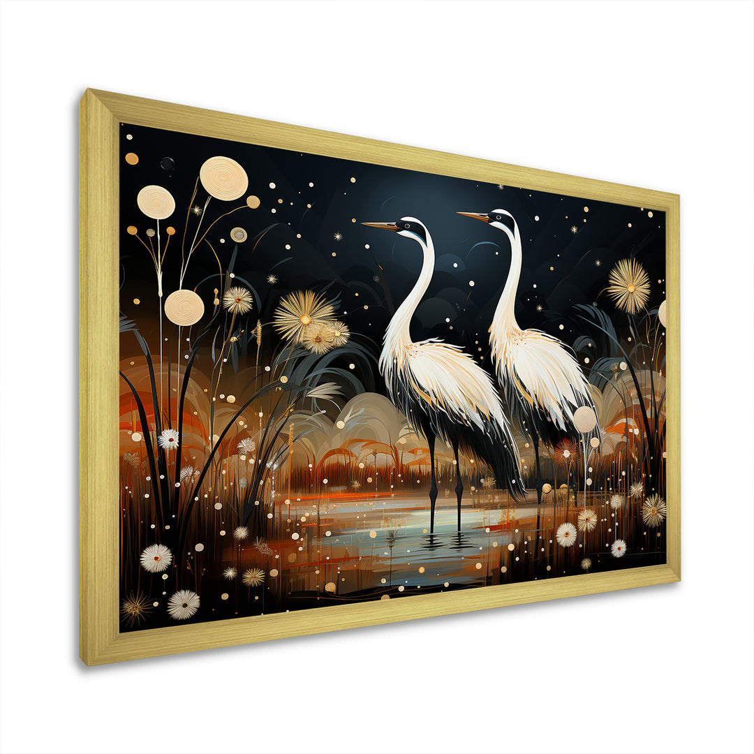Mystic Ostriches Silhouettes By The Pond - Ostriches Framed Canvas Art
