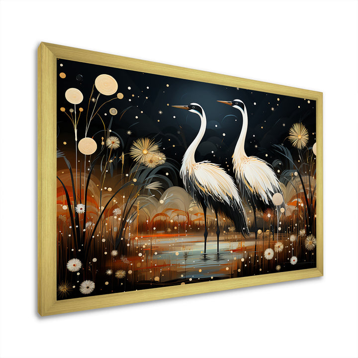 Mystic Ostriches Silhouettes By The Pond - Ostriches Framed Canvas Art