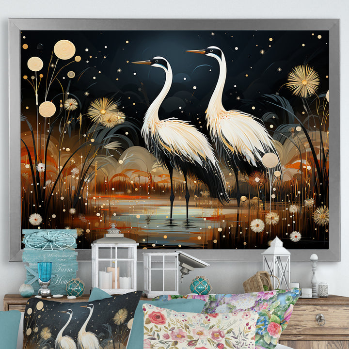 Mystic Ostriches Silhouettes By The Pond - Ostriches Framed Canvas Art