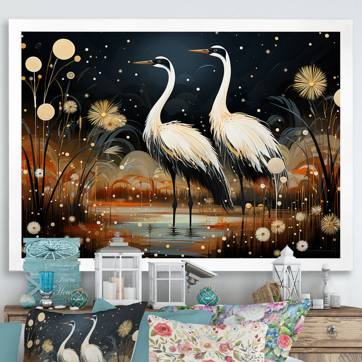 Mystic Ostriches Silhouettes By The Pond - Ostriches Framed Canvas Art