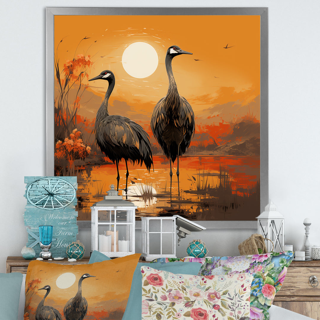 Ostriches At Dusk By The Pond - Ostriches Living Room Wall Art