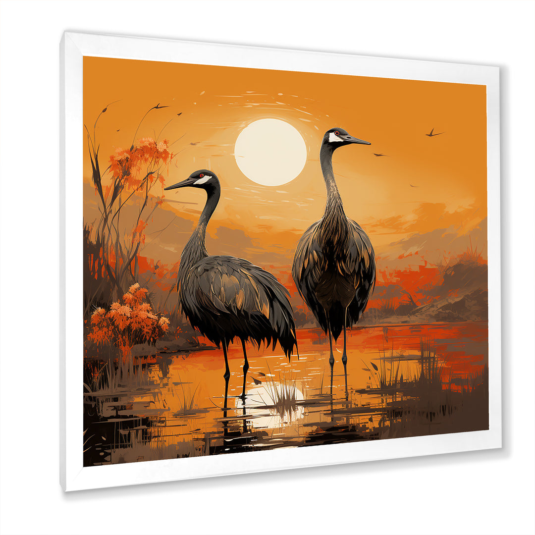 Ostriches At Dusk By The Pond - Ostriches Living Room Wall Art