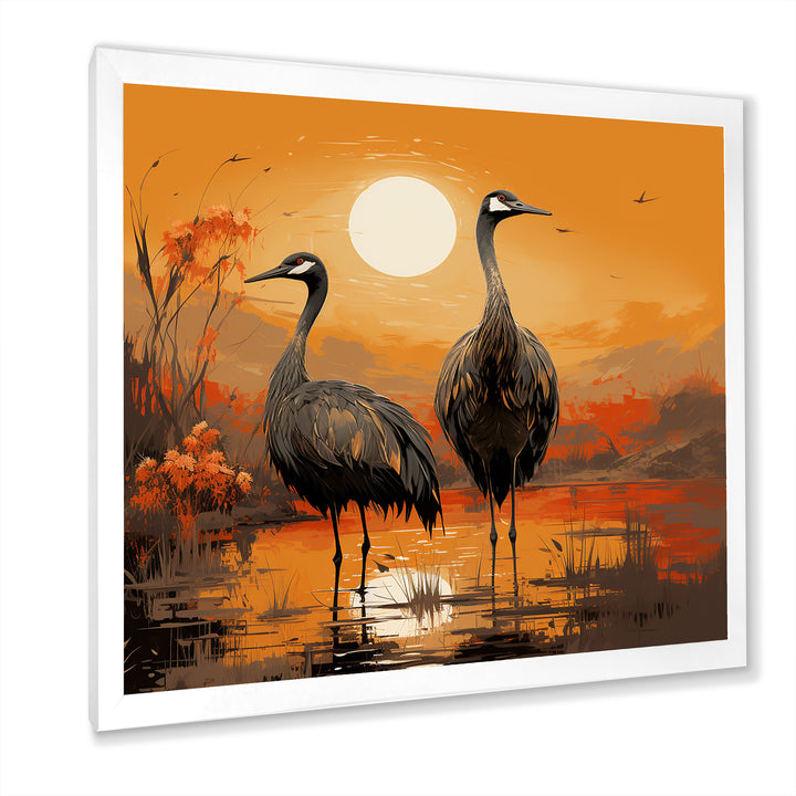 Ostriches At Dusk By The Pond - Ostriches Living Room Wall Art