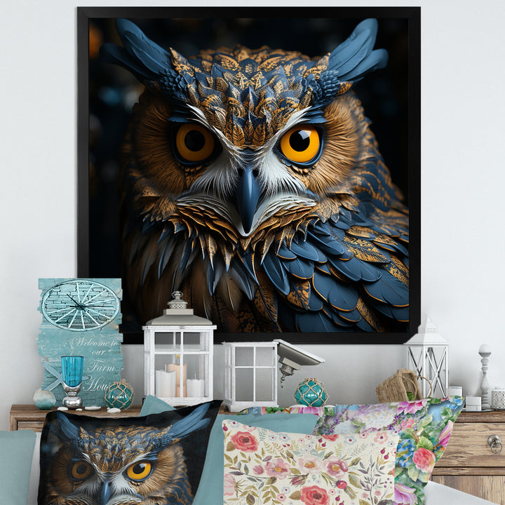 Blue And Yellow Majestic Owl Contemporary Stare - Blue Owl Wall Art