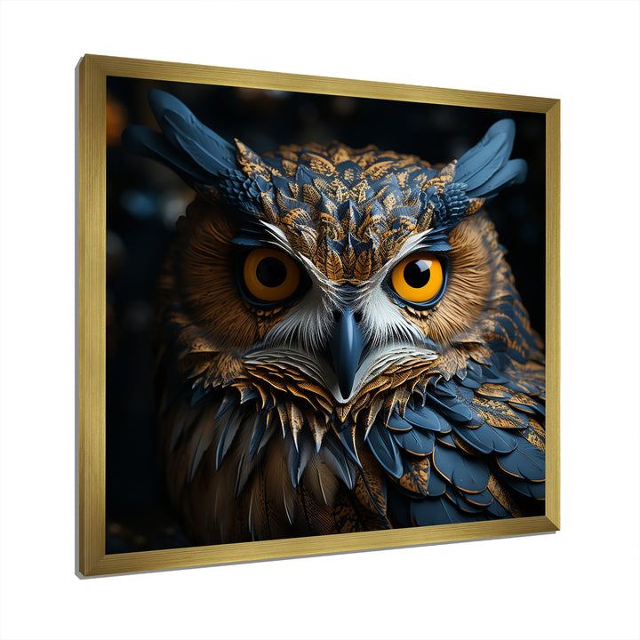 Blue And Yellow Majestic Owl Contemporary Stare - Blue Owl Wall Art