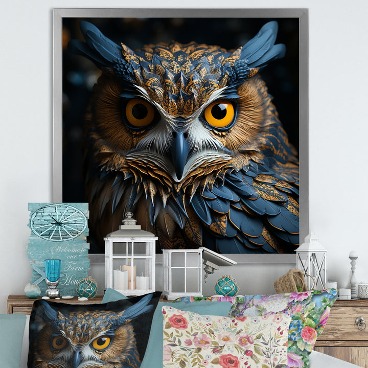 Blue And Yellow Majestic Owl Contemporary Stare - Blue Owl Wall Art