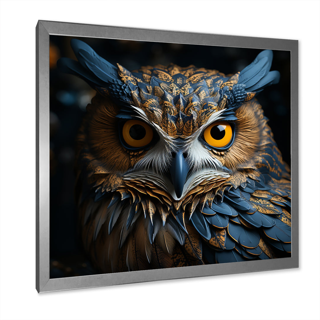 Blue And Yellow Majestic Owl Contemporary Stare - Blue Owl Wall Art