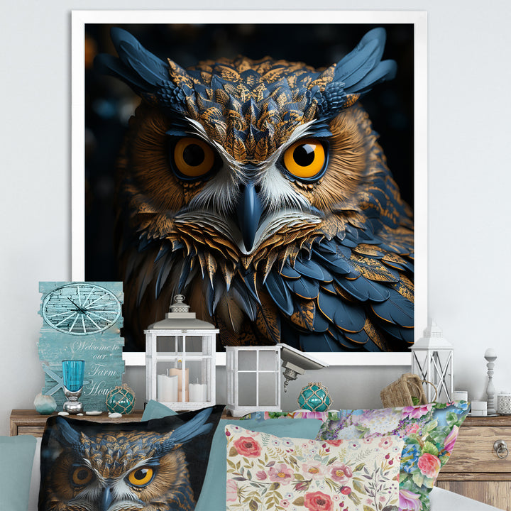 Blue And Yellow Majestic Owl Contemporary Stare - Blue Owl Wall Art
